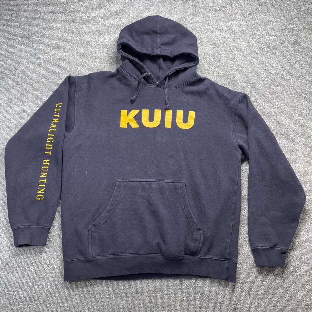 KUIU Ultralight Hunting Logo Hoodie Navy Blue Yellow Graphic Sweatshirt Large